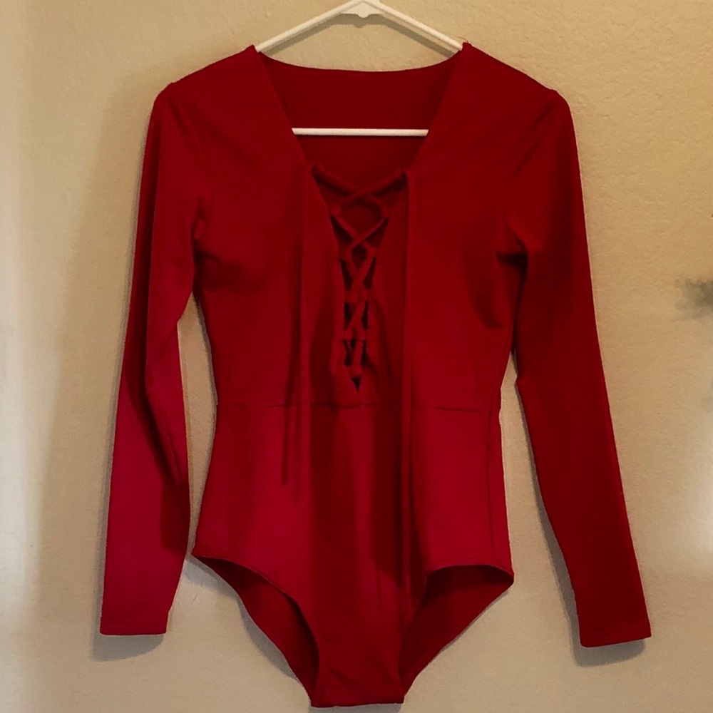 Red Long Sleeve Lace up Body Suit